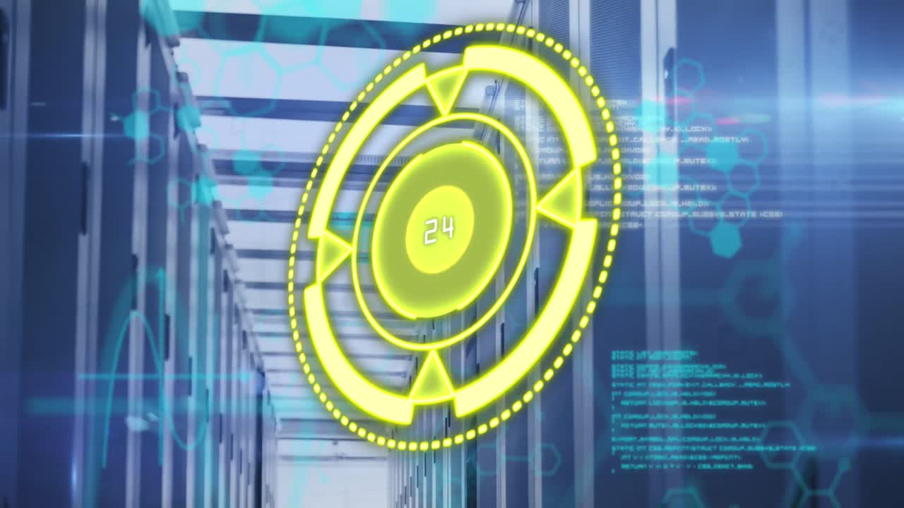 animación de círculo amarillo con números sobre datos y servidores