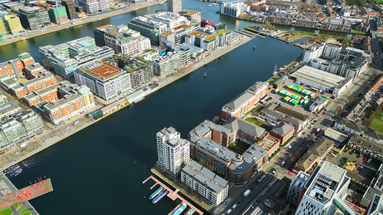 Aerial drone view of Grand Canal Dock and Ringsend in Dublin, Ireland