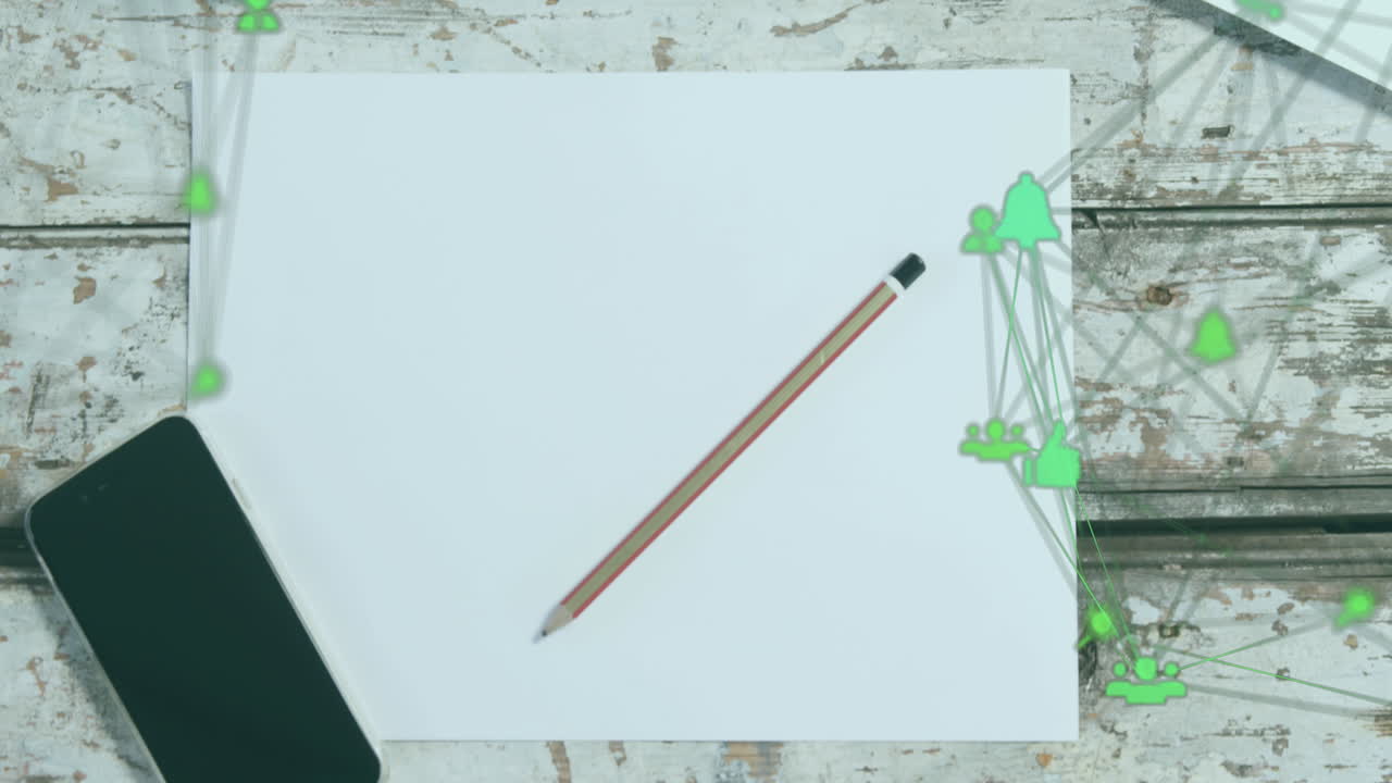 종이 위에 연필, 커피 컵 및 나무 테이블에 노트북을 통해 연결된 아이콘 글로브의 애니메이션