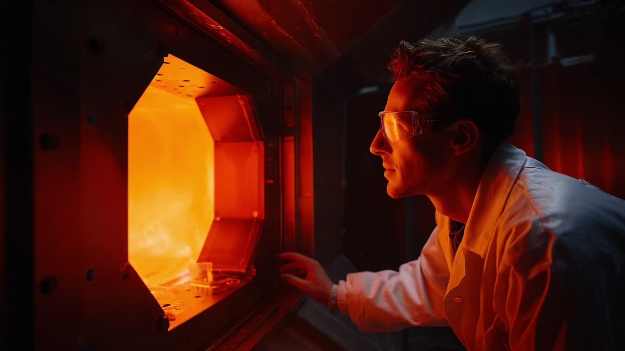 Un ricercatore specializzato, vestito con un camice da laboratorio bianco e occhiali protettivi, osserva attentamente un bagliore fuso e brillante proveniente da una fornace, catturando l'ipnotizzante interazione di calore ed energia in un ambiente controllato.