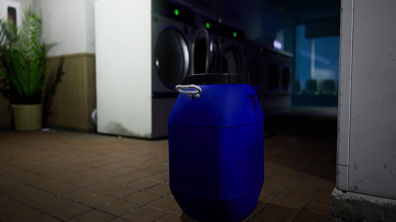 Blue Barrel in a Laundromat