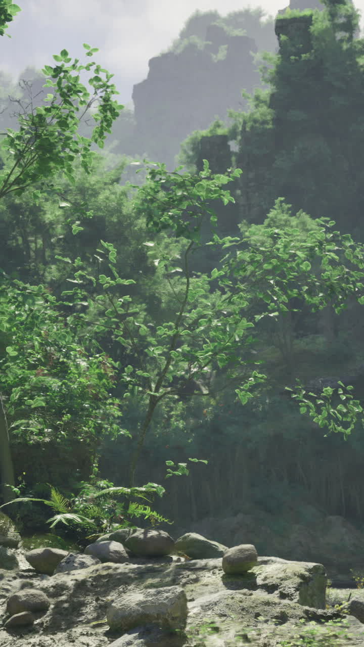 Lush green landscape with rocks and flowing water in a peaceful natural setting