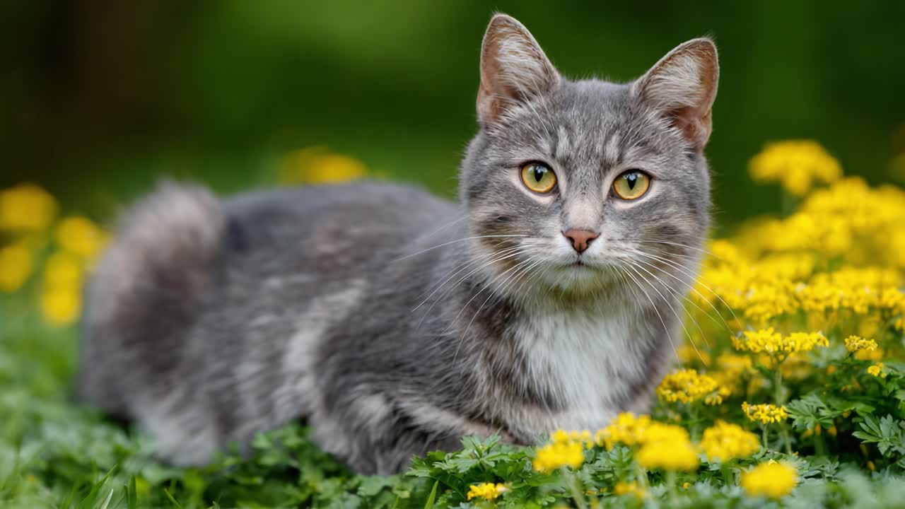 A Beautiful Gray Cat Relaxing Among Vibrant Yellow Flowers in a Serene Natural Setting, Capturing the Tranquility and Charm of Feline Companions in Nature