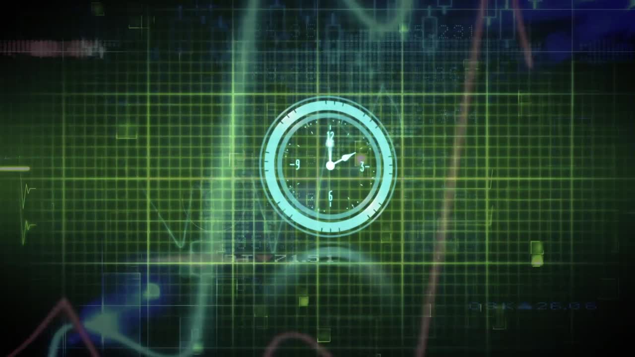 Animation of neon ticking clock and heart rate monitor against light sparkles on green background