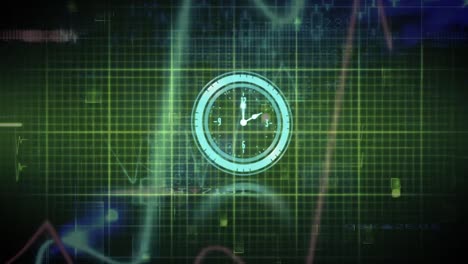 Animation-of-neon-ticking-clock-and-heart-rate-monitor-against-light-sparkles-on-green-background