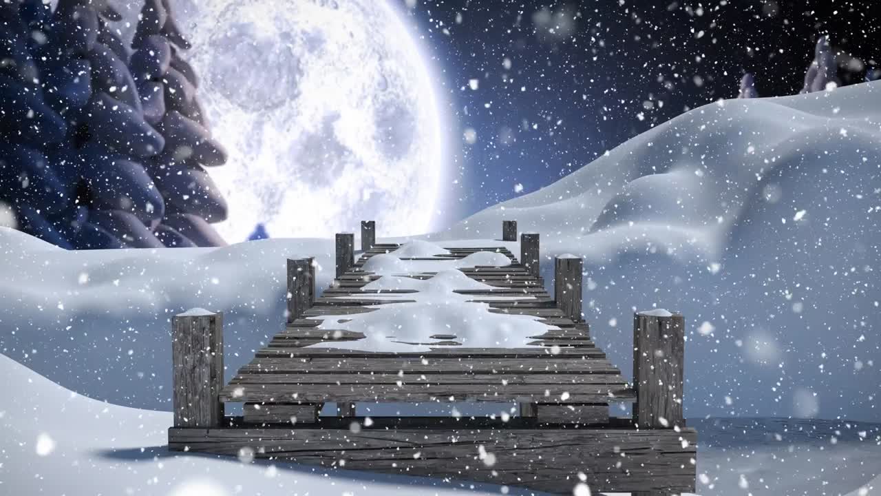Paesaggio invernale con luna piena e neve che cade