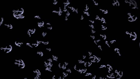 flying many anchors on black background. ship and boat anchor. marine icon. 3d loop animation of anchor rotating.