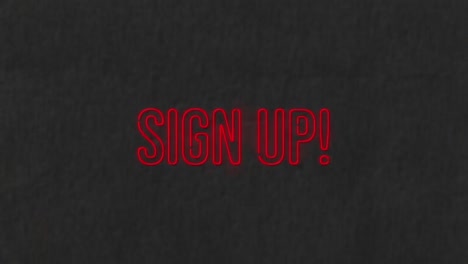 animación de banner de texto de registro de color rojo neón contra un fondo negro texturizado.