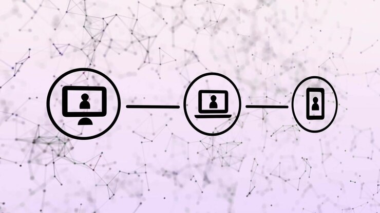 Animazione di una rete di dispositivi connessi su sfondo digitale astratto