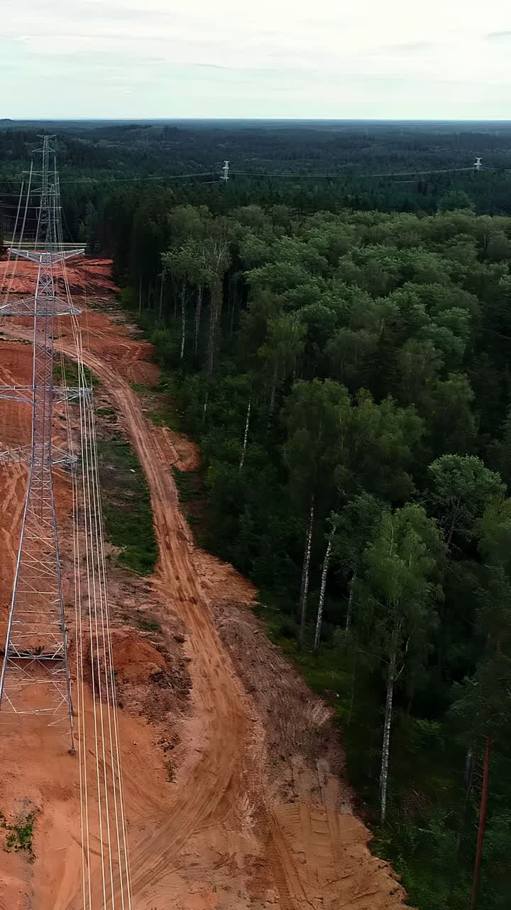 Series of high-voltage power transmission towers stretching across a partially deforested corridor through a dense forest