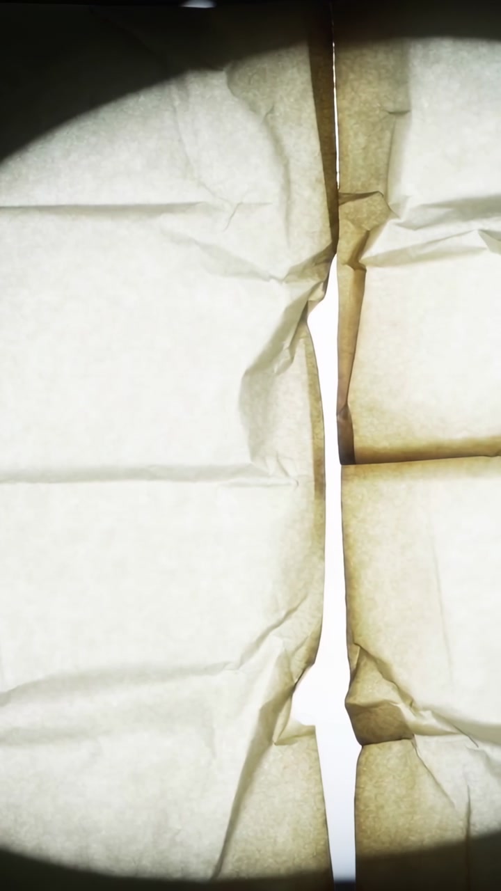 Vertical video: Shining handheld light showing two kraft sheets in close-up, exposing white seam