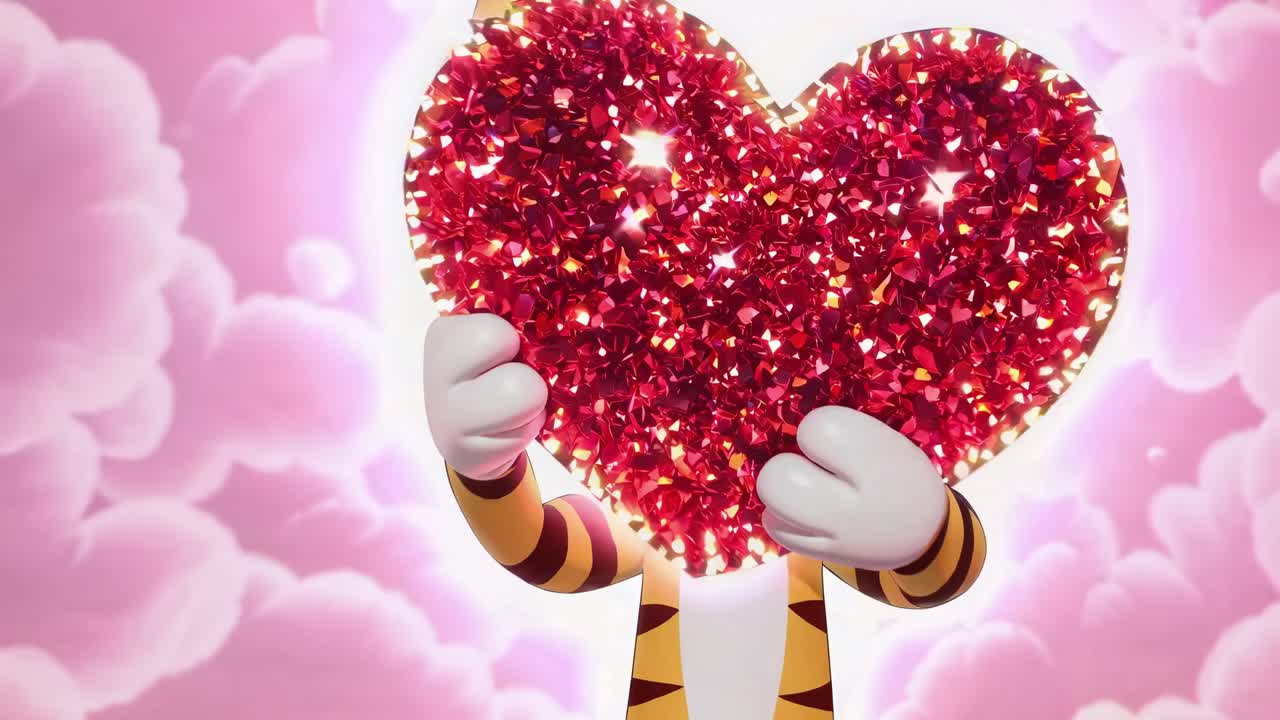 기발한 애니메이션 캐릭터는 꿈 같은 구름이 가득한 하늘을 배경으로 반이는, 반이는 마음을 기게 들고 있습니다.