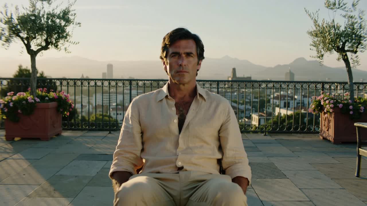 Sitting man holding gaze as camera moving closer to capture emotion on terrace with pots, skyline