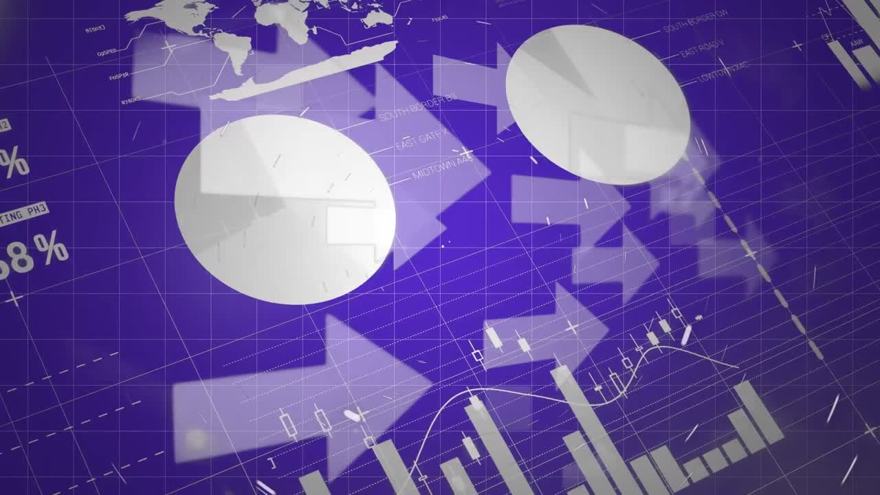 파란색 배경에 화살표의 애니메이션과 금융 데이터 처리