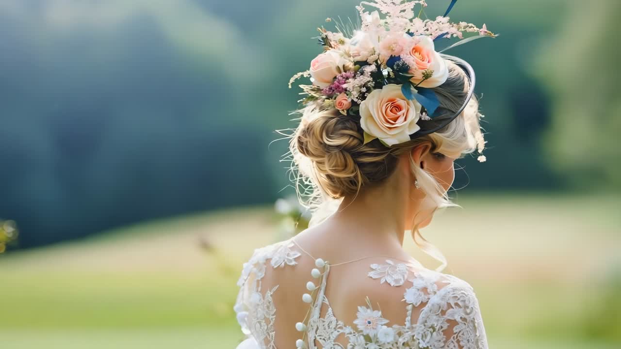 una mujer en un vestido de novia con una corona de flores en la cabeza