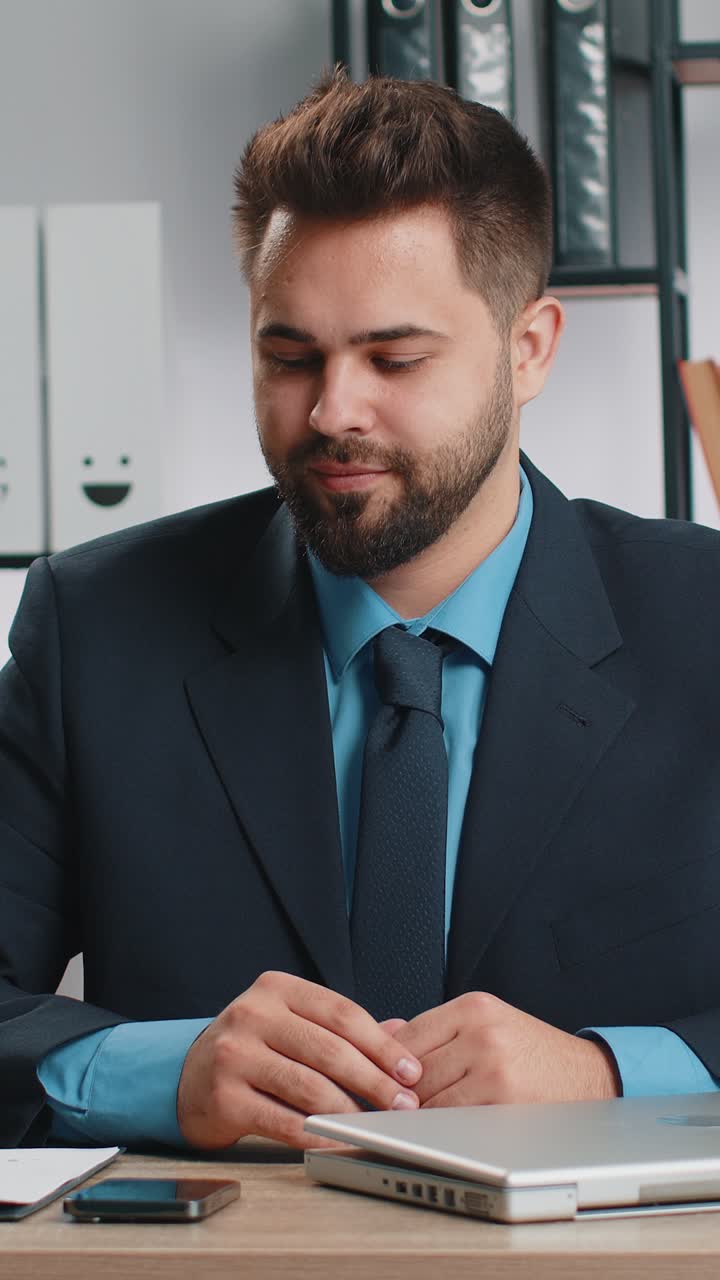Caucasian business man freelancer at office start working on laptop computer sends online messages
