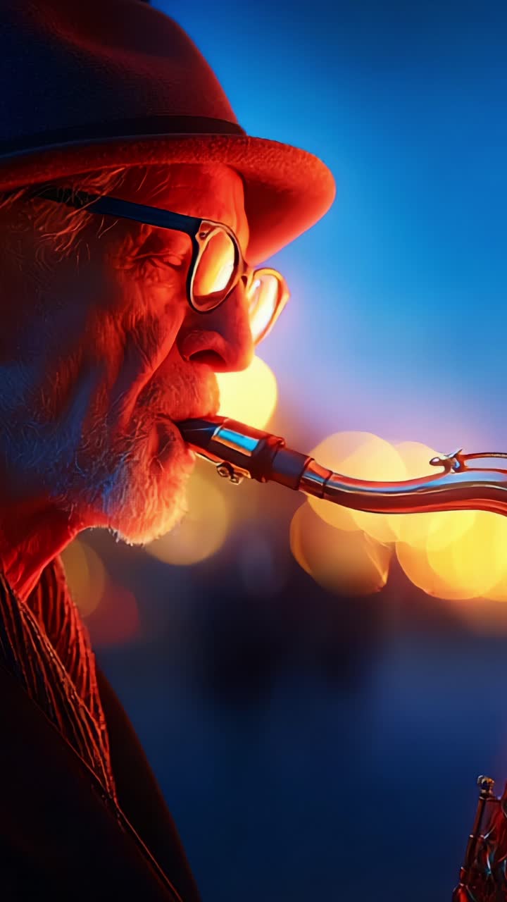 Maestria del sassofono: un elegante solista suona sotto le vivaci luci della città, creando melodie magiche che catturano la notte con vibranti atmosfere jazz.