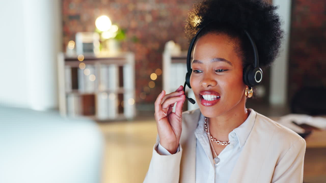 Black woman, call center and talking to client