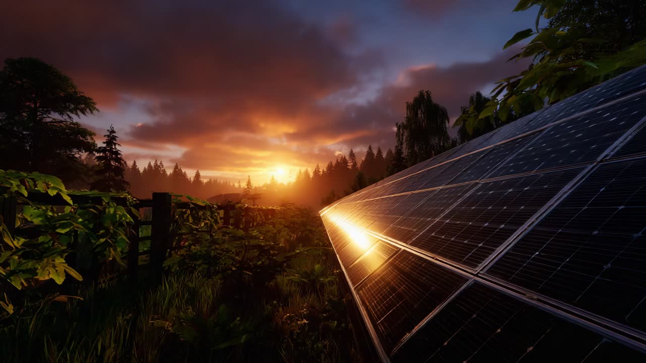 A breathtaking sunrise captured over a serene landscape with glistening solar panels reflecting the warm hues of dawn, surrounded by lush greenery and the peaceful ambiance of nature awakening