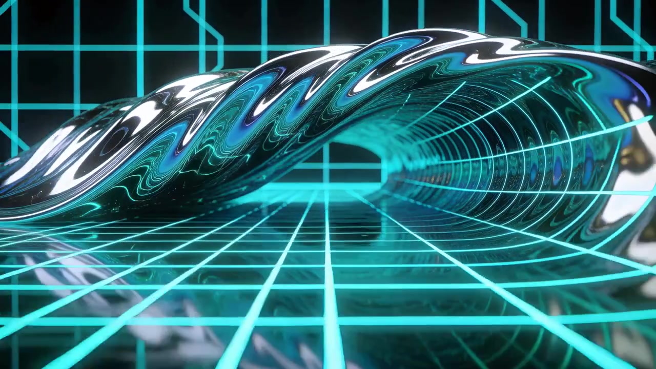 Une vague chromée se formant et s'enroulant sur une grille cyan, la caméra avançant pour révéler des nervures, une sortie lumineuse.