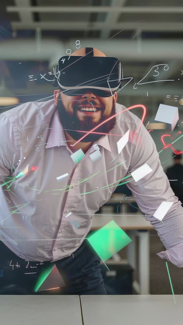 Vertical video: Entering office, securing VR headset, man manipulating floating formulas and cubes