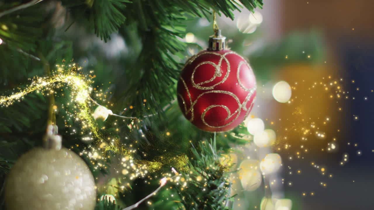 Glowing lights and sparkles decorating Christmas tree, creating festive animation