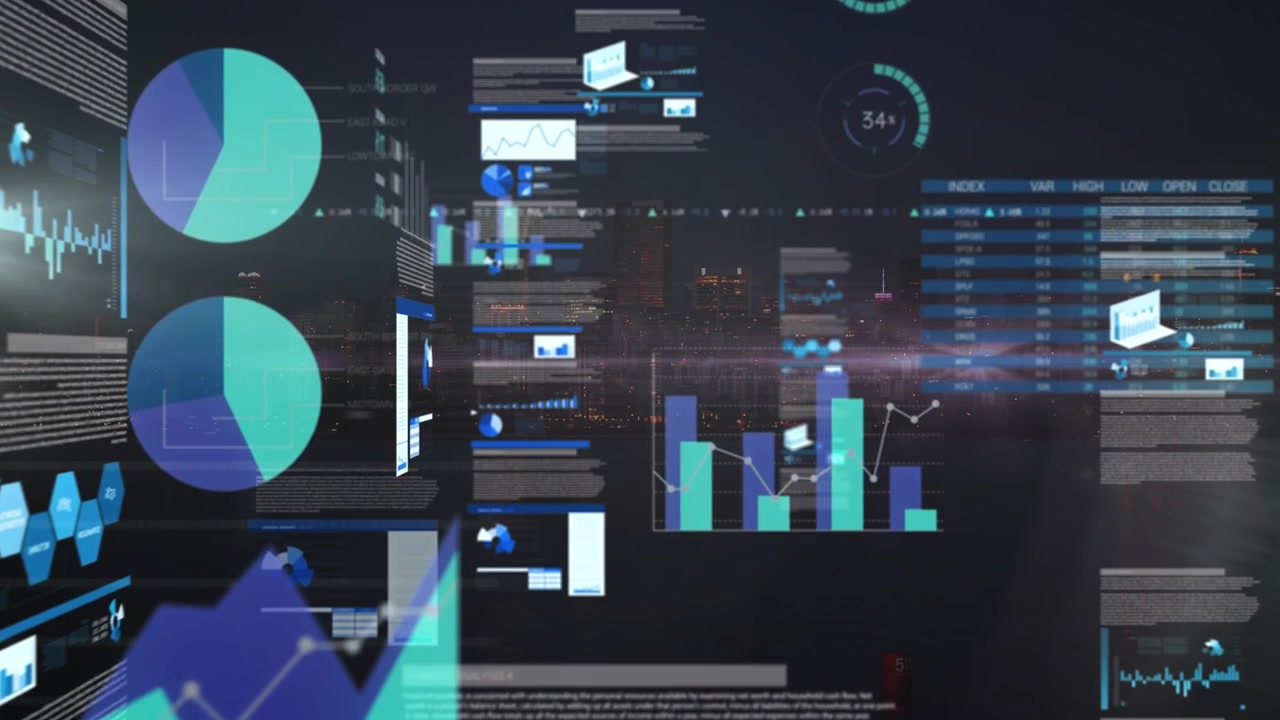 Animation of diverse data and graphs over black background