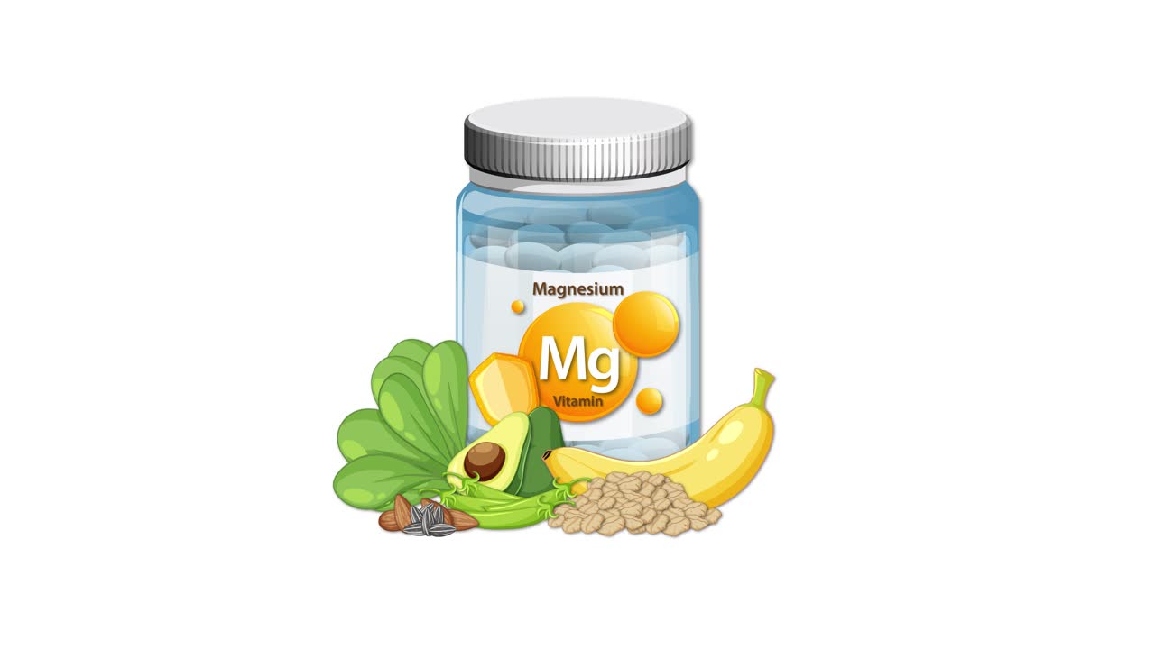 Magnesium supplement bottle with spinach, banana, avocado, nuts, and seeds, smooth animated appearance