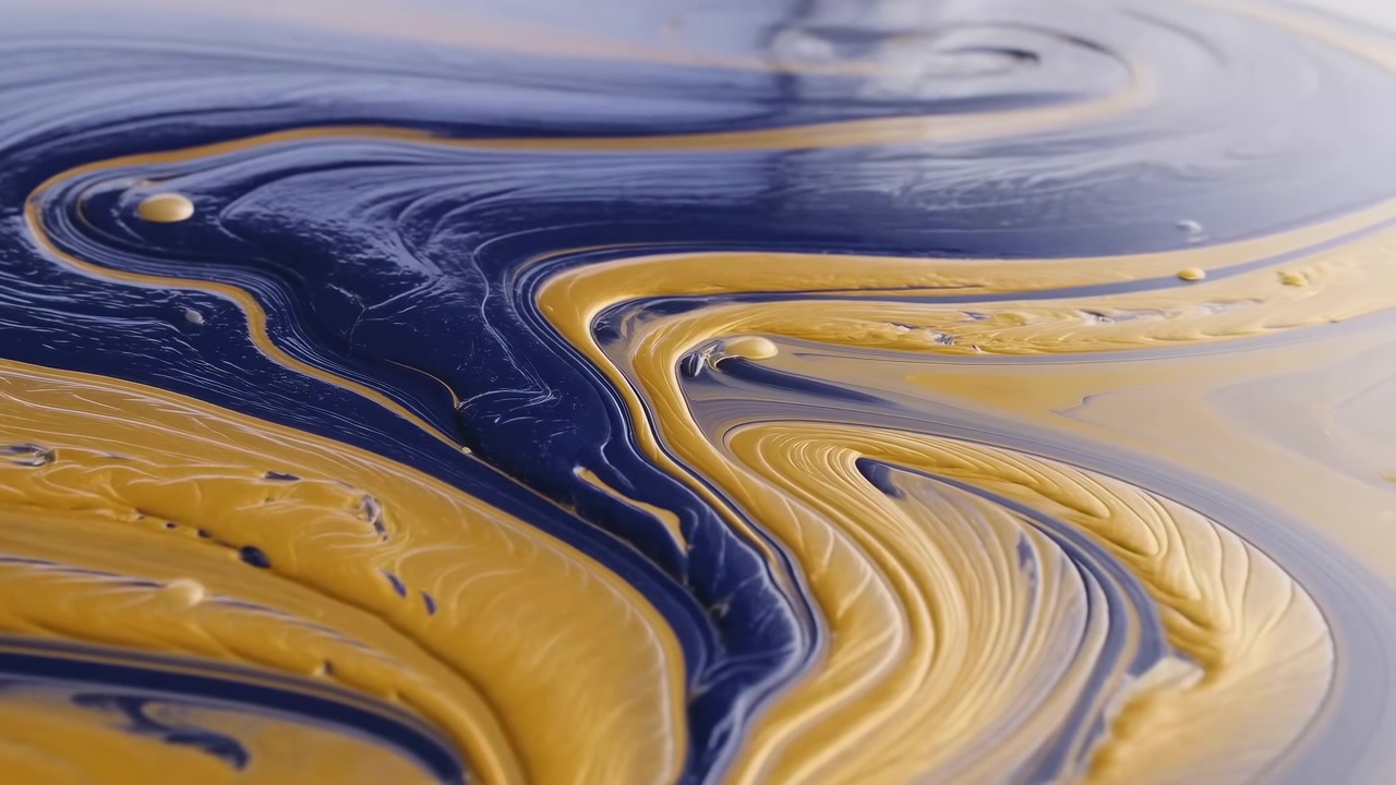 Vista macro di spesse strisce di vernice blu e oro metallizzato che scorrono e si mescolano su una superficie bagnata e poco profonda. Le texture lucide formano creste stratificate e piccole increspature.
