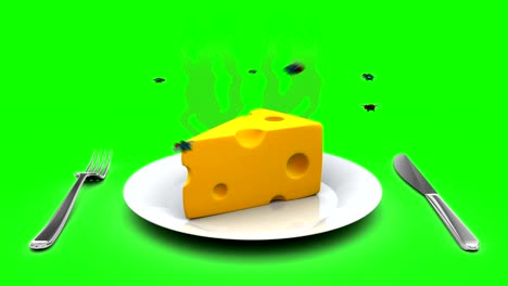 cheese on a plate. 3d animation in cartoon style. green screen, loopable.