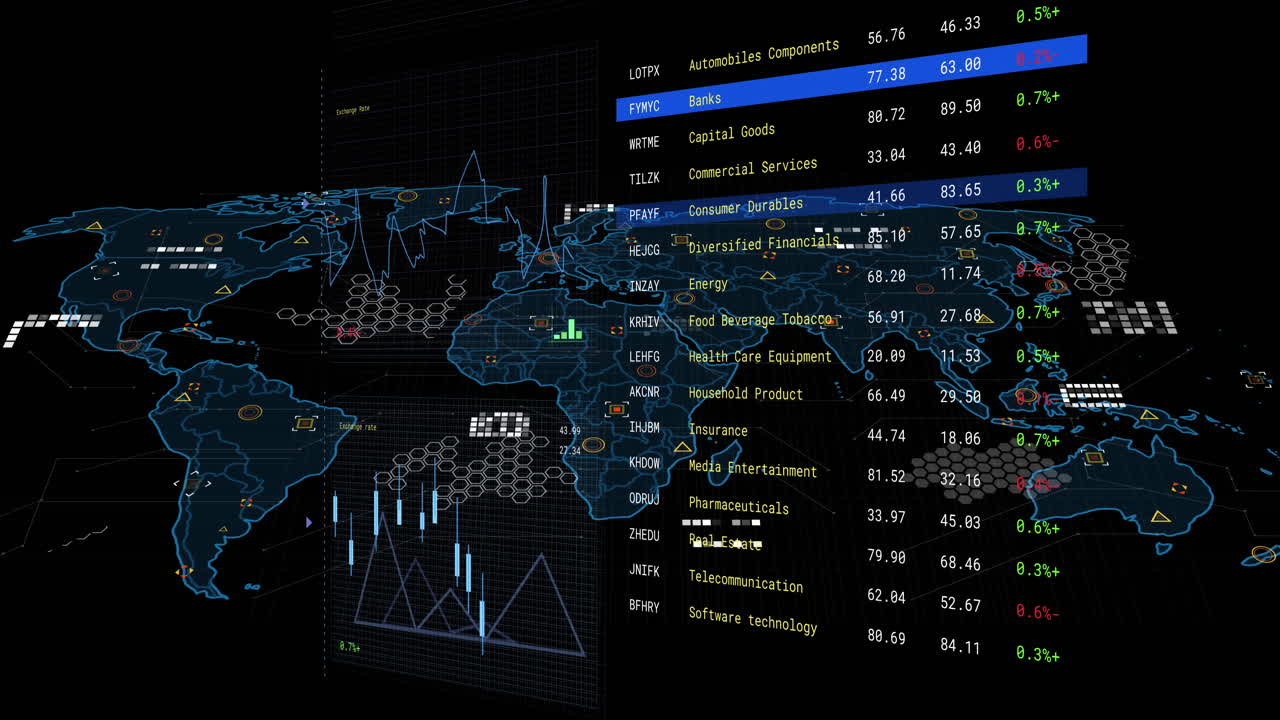 Animation of financial data processing over screen and world map