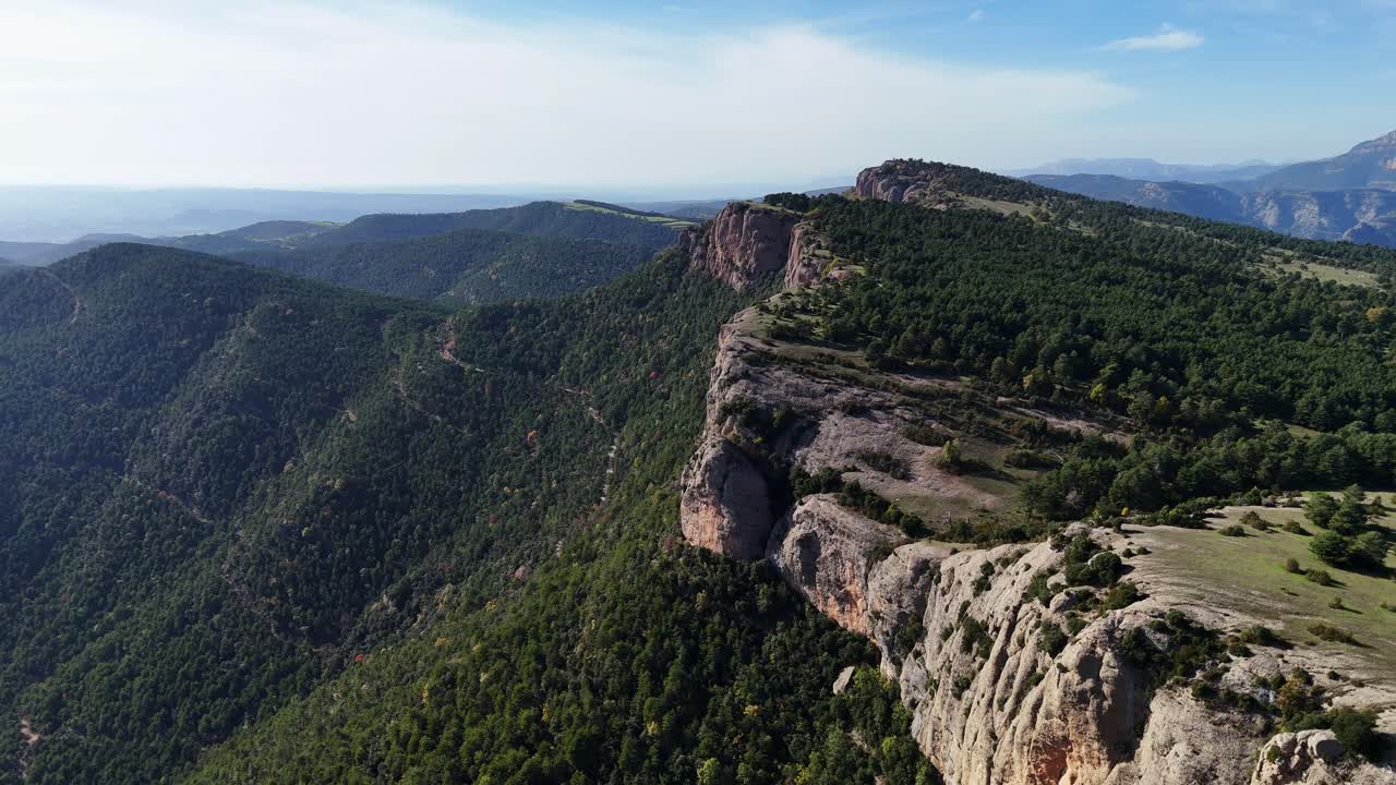 Aerial View of Majestic Mountain Cliff and Forest Landscape