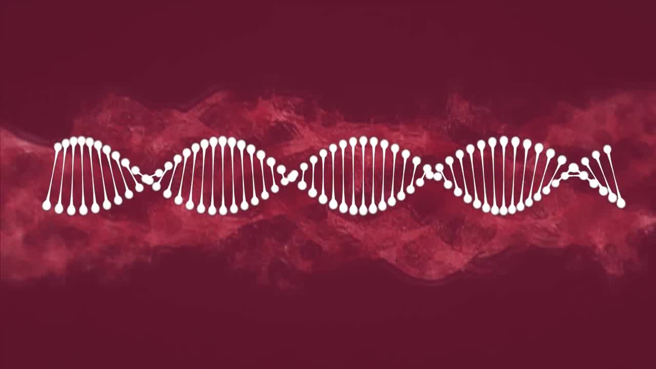 animación de la cepa de adn girando sobre una nube púrpura sobre un fondo púrpura