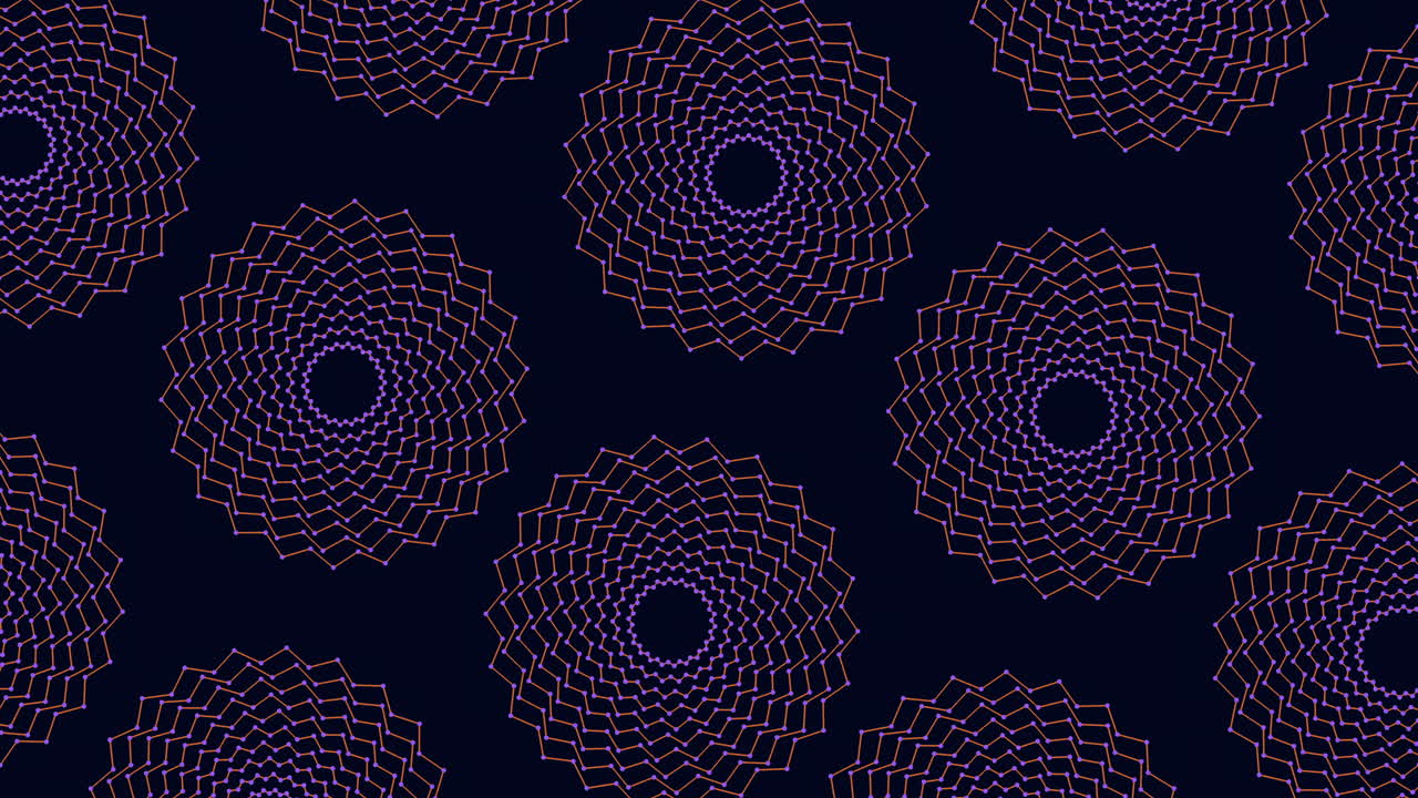 Neon flowers seamless pattern with dots and lines on black gradient