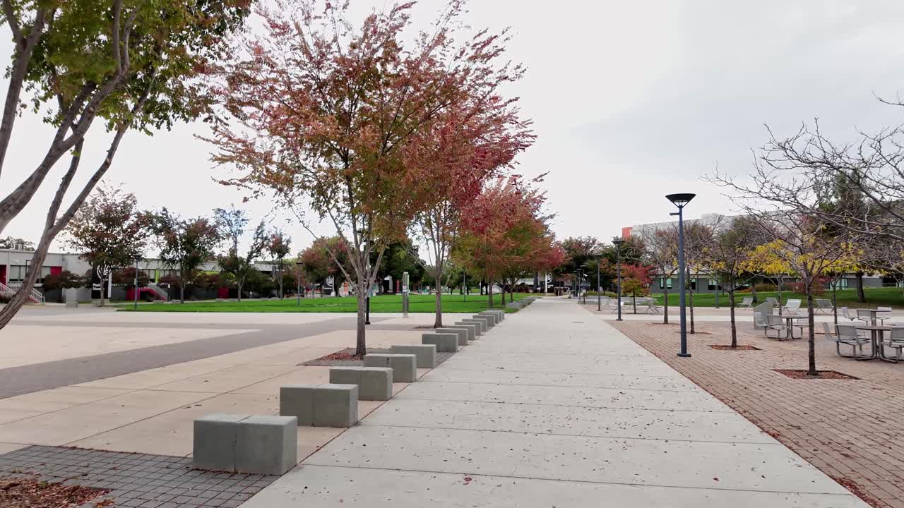 Immersive first-person footage moving through Evergreen Valley College, highlighting its peaceful academic environment