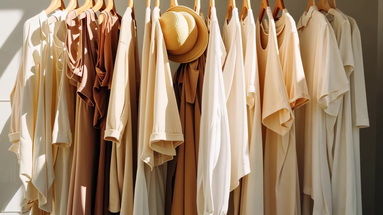 Neutrale kleding en strohoed hangend aan een kledingrek