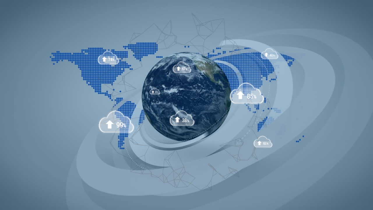 디지털 클라우드의 애니메이션과 전세계에서 증가하는 숫자 및 데이터 처리