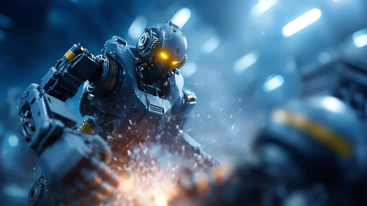 A Cybernetic Guardian: A Gleaming Robotic Warrior Preparing for Battle in a Futuristic Environment Filled with Dynamic Sparks and High-Tech Elements