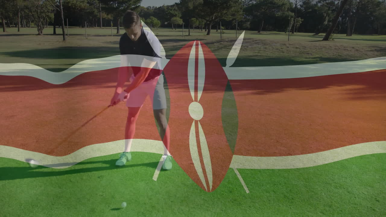 Man swinging golf club on tee box, showing augmented sports technology overlay with data graph