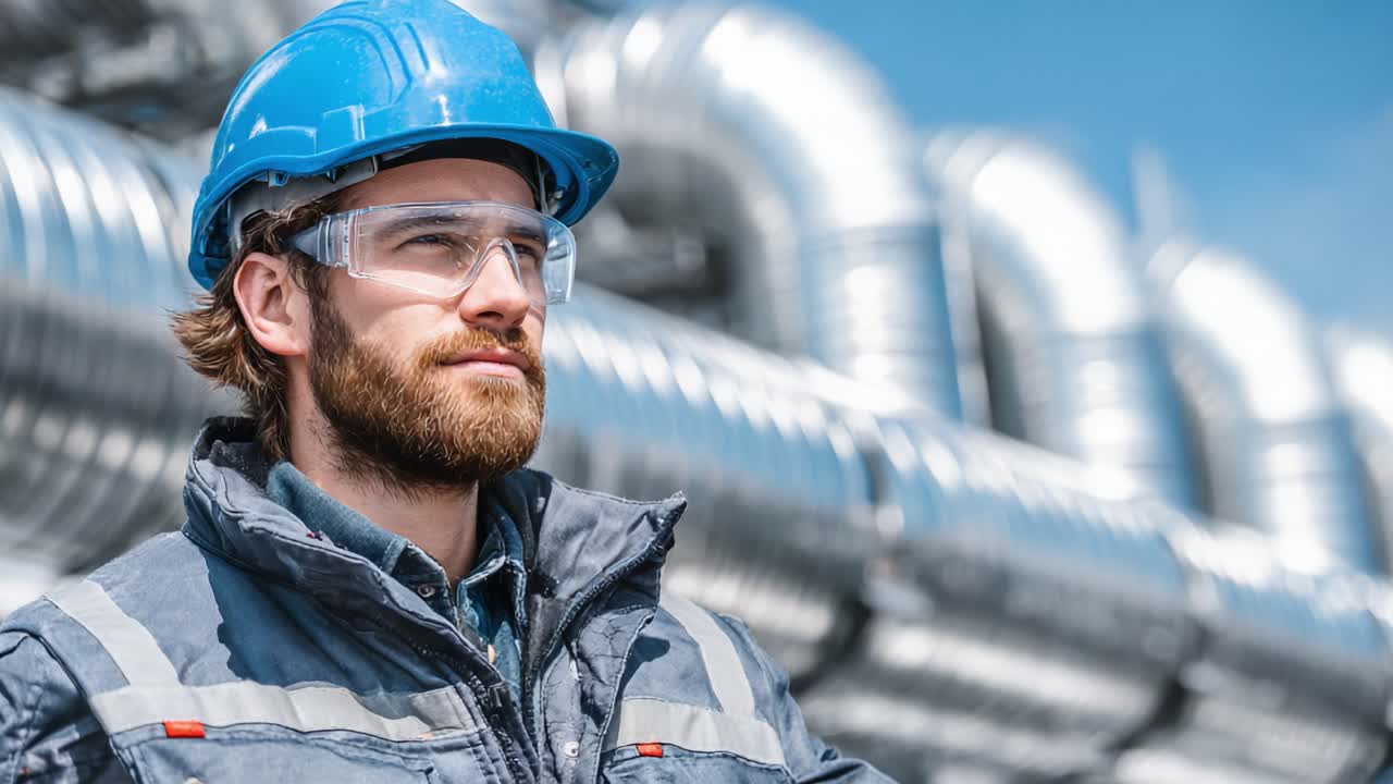 A focused industrial worker in safety gear stands confidently in front of large metallic piping, demonstrating professionalism and preparedness in an engineering environment