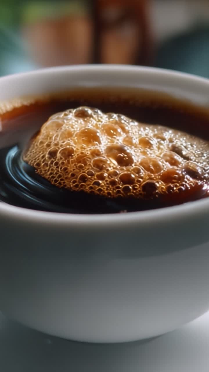 Et nærbillede af en friskbrygget kop kaffe, der viser rig brun væske, skummende bobler og en indbydende tekstur i en elegant enkel hvid kop.