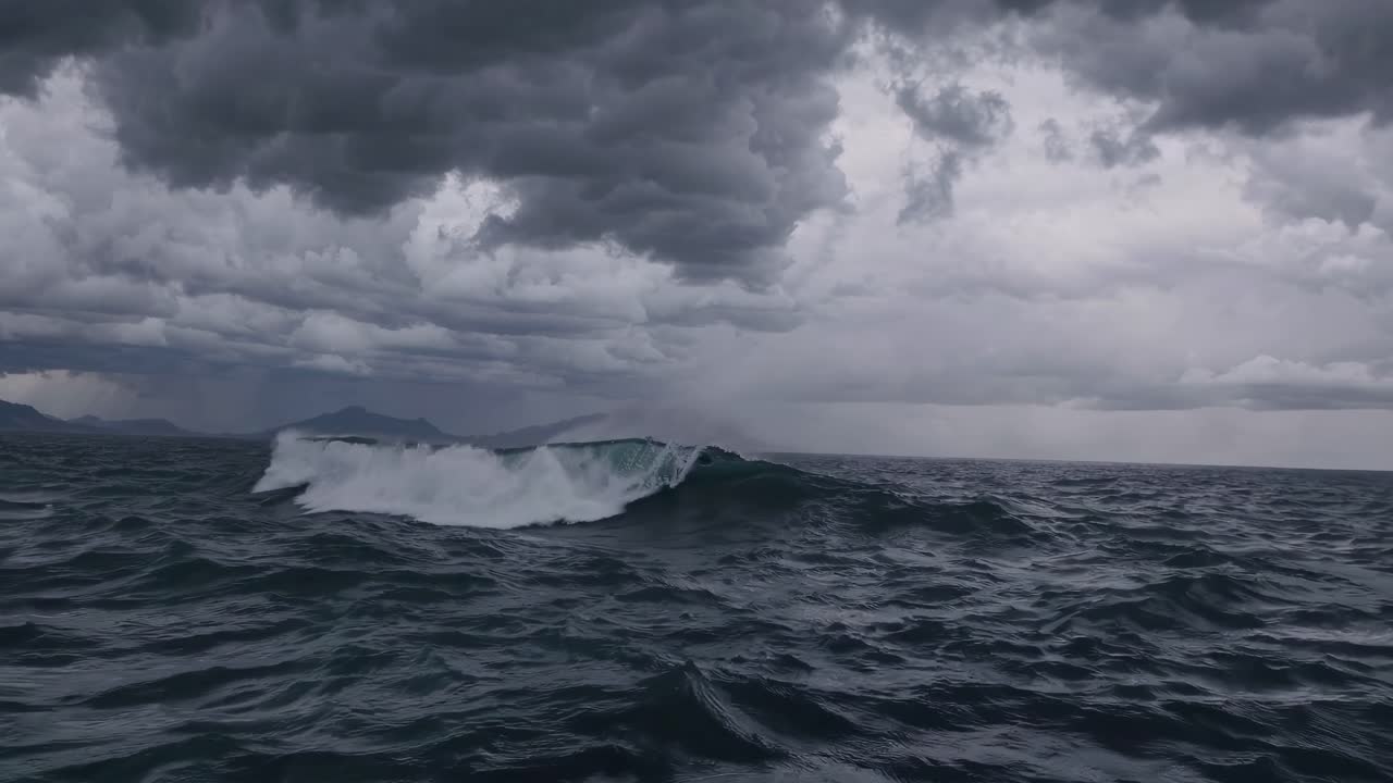 Эффектный видеоролик с морским пейзажем, снятый с нижнего угла, запечатлевший бурные волны под штормовым небом