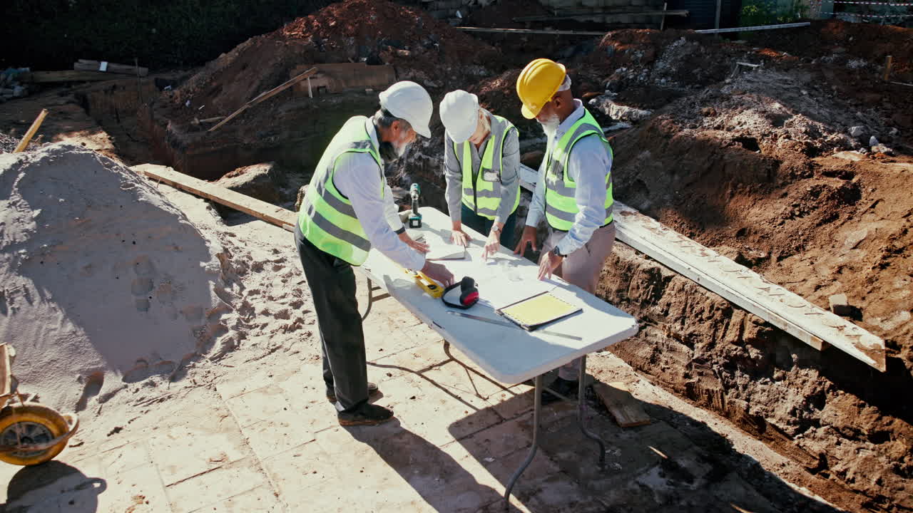 Construction Workers Reviewing Plans on Site