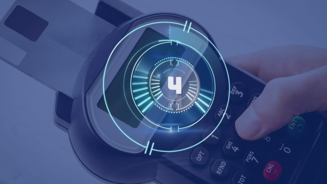 Animation of scope scanning with countdown over payment terminal