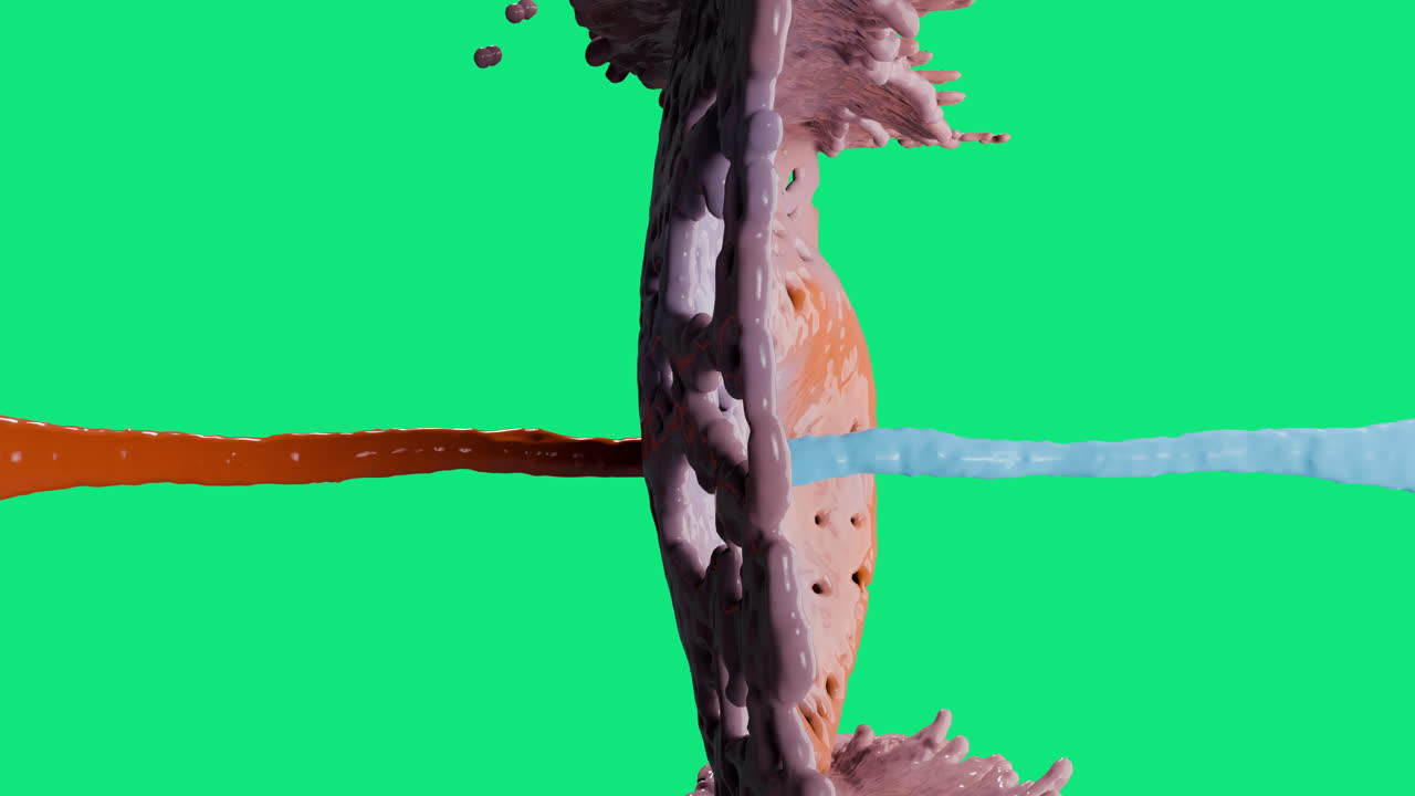 아름다운 4k 파란색 오렌지색 페인트 스플래쉬가 빠르게 시작되지만 두 색이 현실적으로 혼합에 따라 느려집니다.