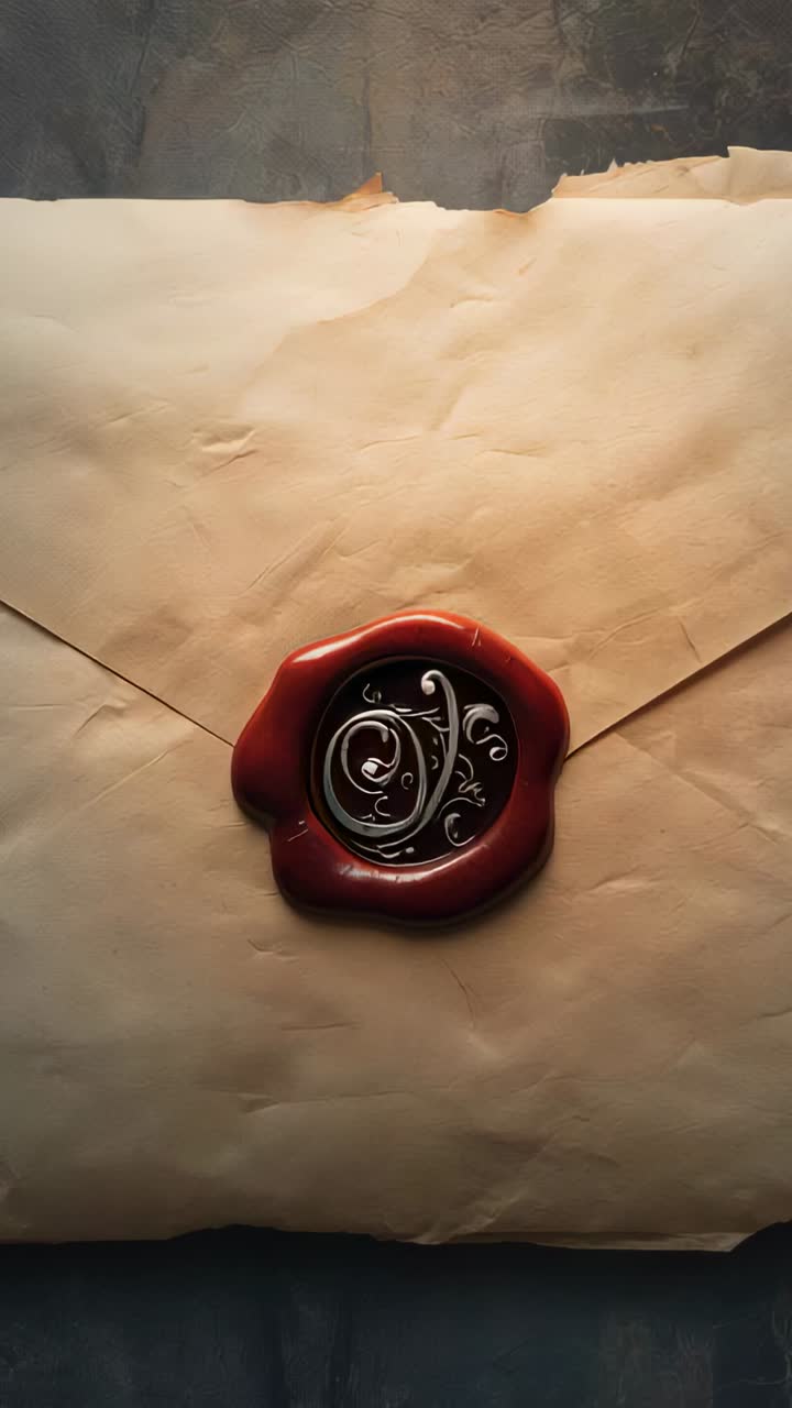 Vertical video: Moving camera zooming on aged envelope on dark table, showing red wax seal monogram