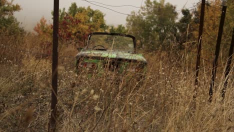 viejo coche verde abandonado en un campo