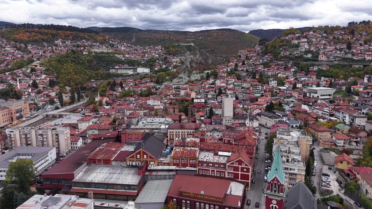 Drone Shot of Sarajevo, Capital of Bosnia and Herzegovina on Cloudy Autumn Day