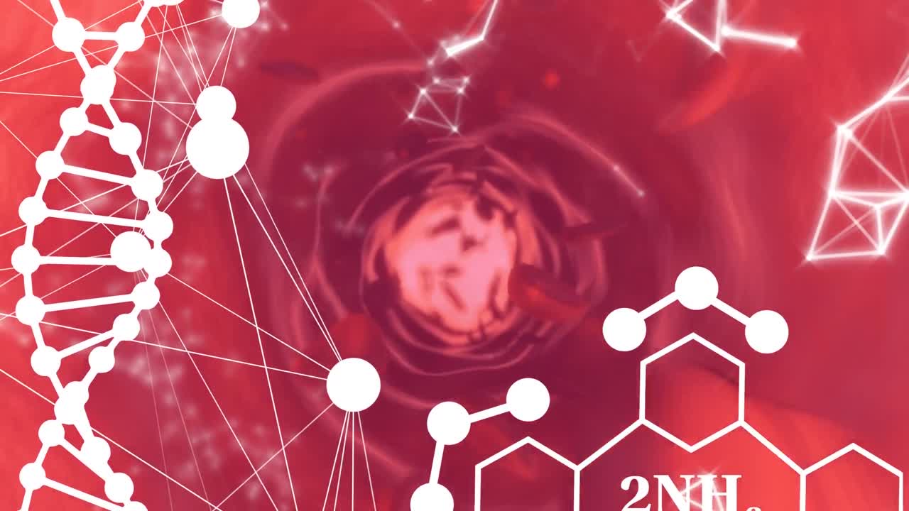 dna와 분자의 애니메이션은 빨간색 배경에 적색 세포 위에 있습니다.