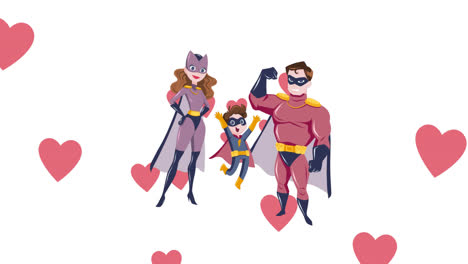 animation of superhero family icons and hearts on white background